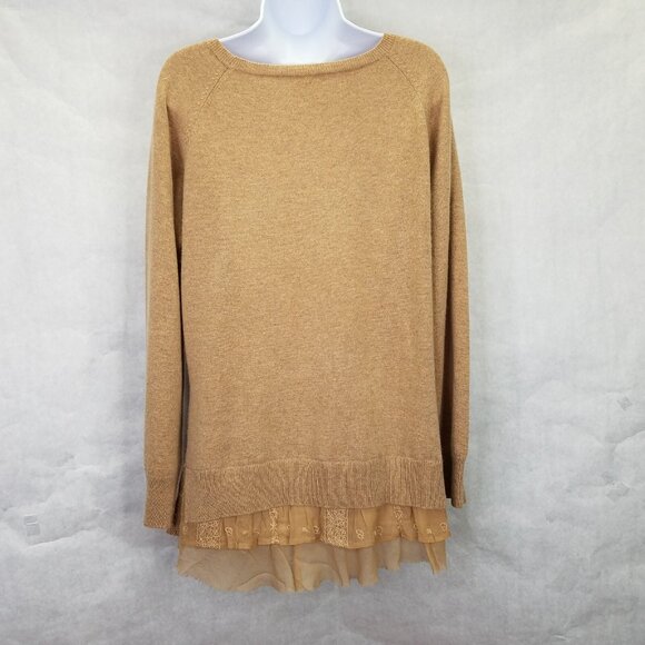 Garnet Hill Shirt Tail Cashmere Sweater Women's L Oatmeal Brown Sheer Lace Hem - Picture 8 of 15